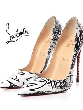 Christian Louboutin White and Black Graffiti Patent Leather Pointed Pumps ~ EU39